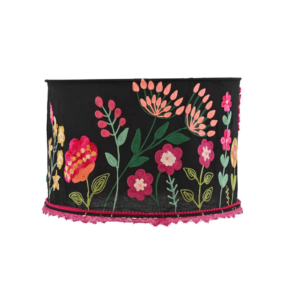 BLACK COTTON WITH FUCSIA Crewel LAMP SHADE 18"