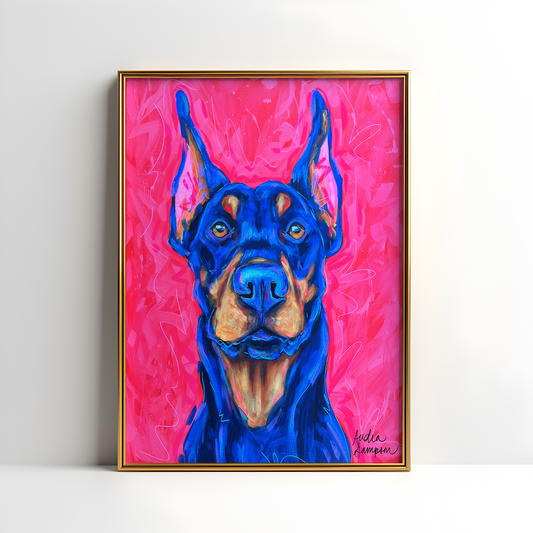 Doberman Dog Art Print, Pet Art, Maximalist Art, Dopamine Decor, Trendy Colorful Wall Poster: 8x10 print on paper