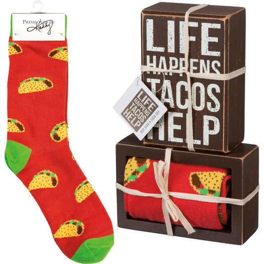 Life Happens Tacos Help Box Sign And Sock Set