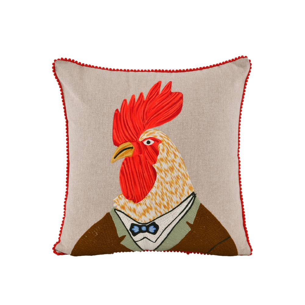 ROOSTER CHICKEN Hand Embroidered CORDUROY PILLOW  18x18"