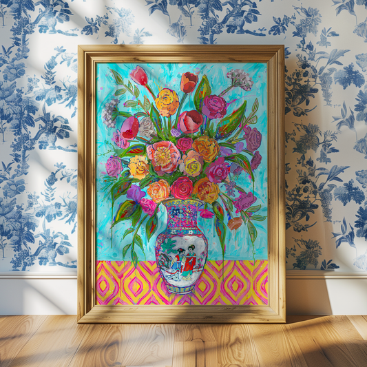 Floral Art Print, Grand Millennial Decor, Maximalist Art, Dopamine Decor, Trendy Colorful Wall Poster: 5x7 print on paper