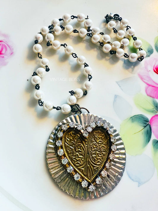 Polished Brass Filigree Heart Necklace with