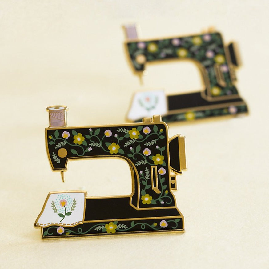 Sewing Machine Interactive Enamel Pin Black Floral Design