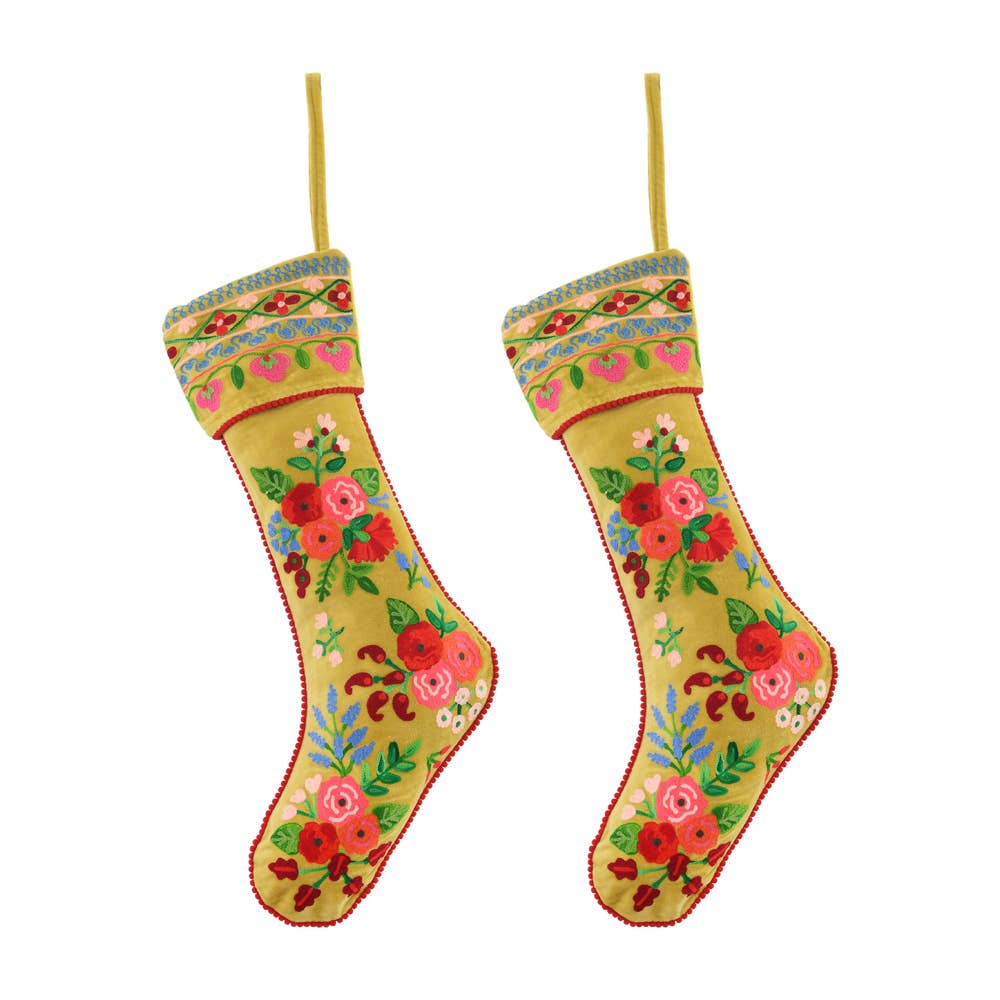 NEW Mustard EMBROIDERED STOCKING  8x24"