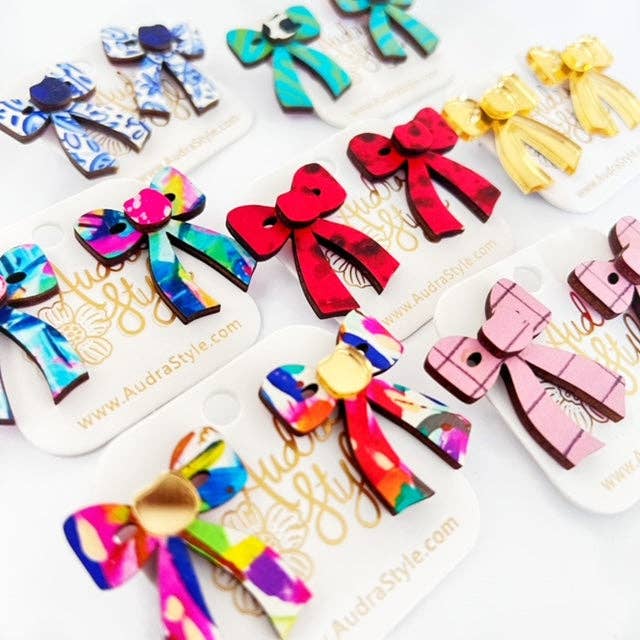 Colorful Bow Stud Blue Pink Astract  Summer Statement Earring
