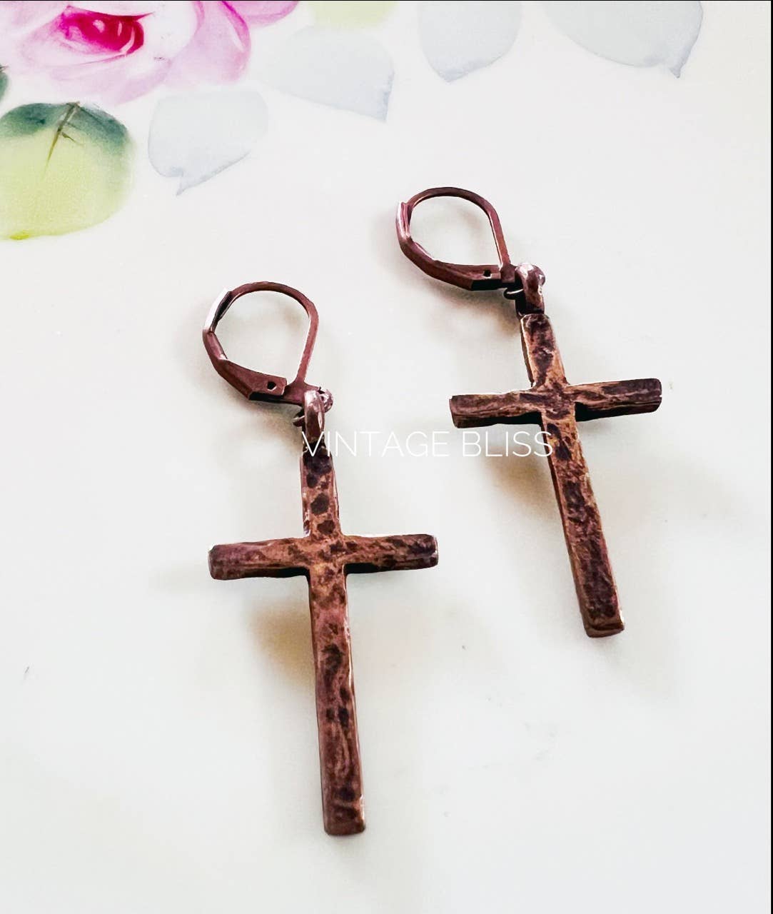 Hammered Copper Look Cross Earrings Western