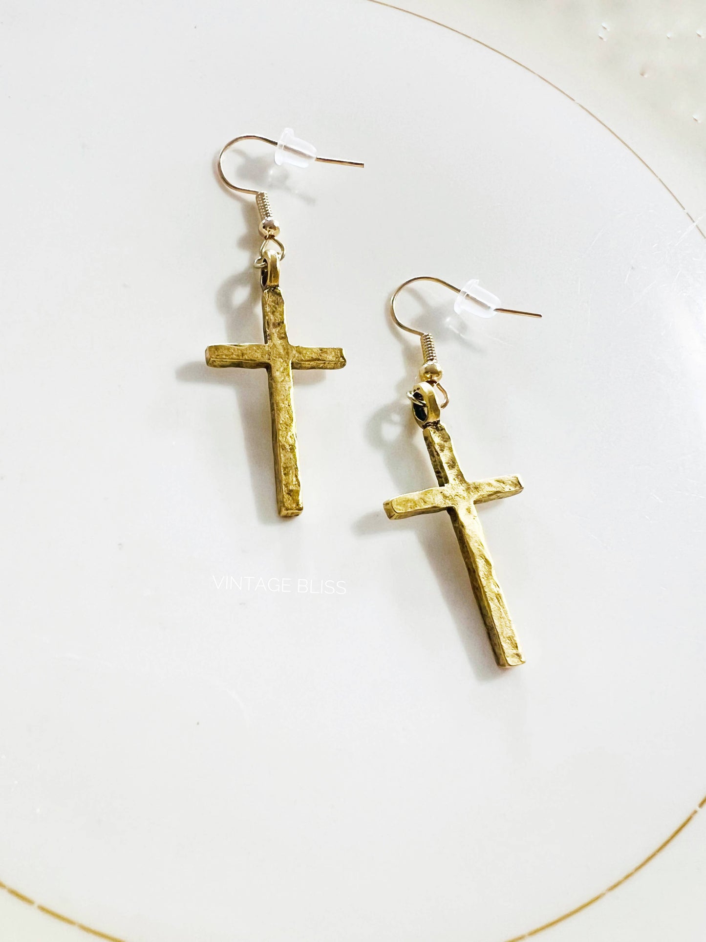 Hammered Matte Gold Look Cross Earrings Western