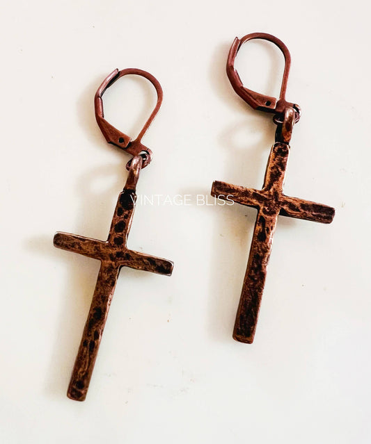 Hammered Copper Look Cross Earrings Western