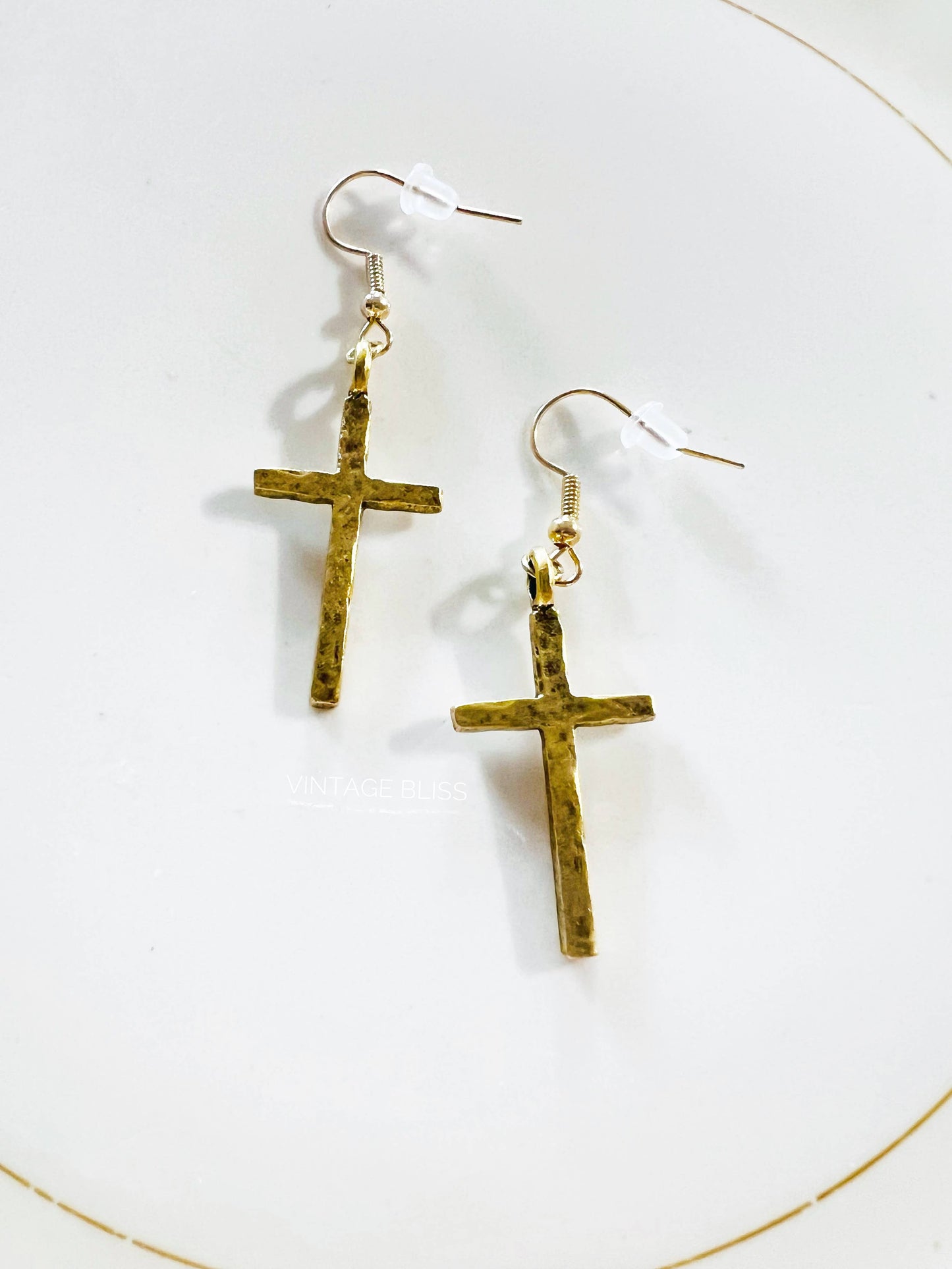 Hammered Matte Gold Look Cross Earrings Western