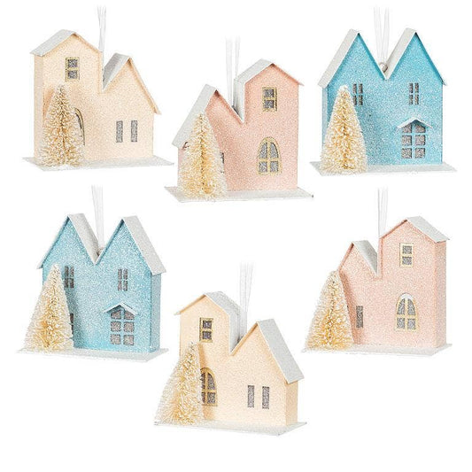 Pastel House & Tree Ornaments-  3.5"H