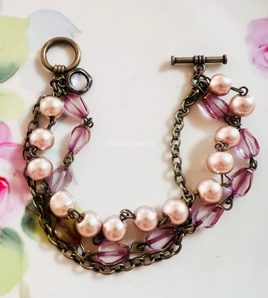 Champagne Pearls Pink Beaded Triple Strand Bracelet