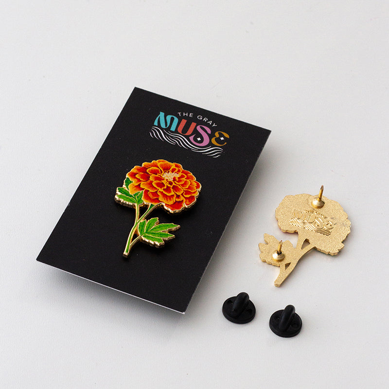 Marigold v2 Floral Enamel Pin | October Birth Month Flower