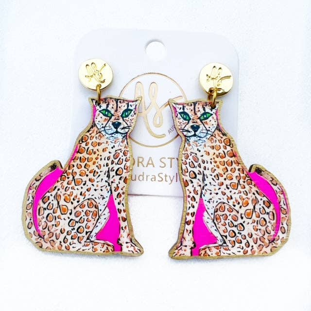 Large Statement Colorful Cheetah Animal Artwork Earrings