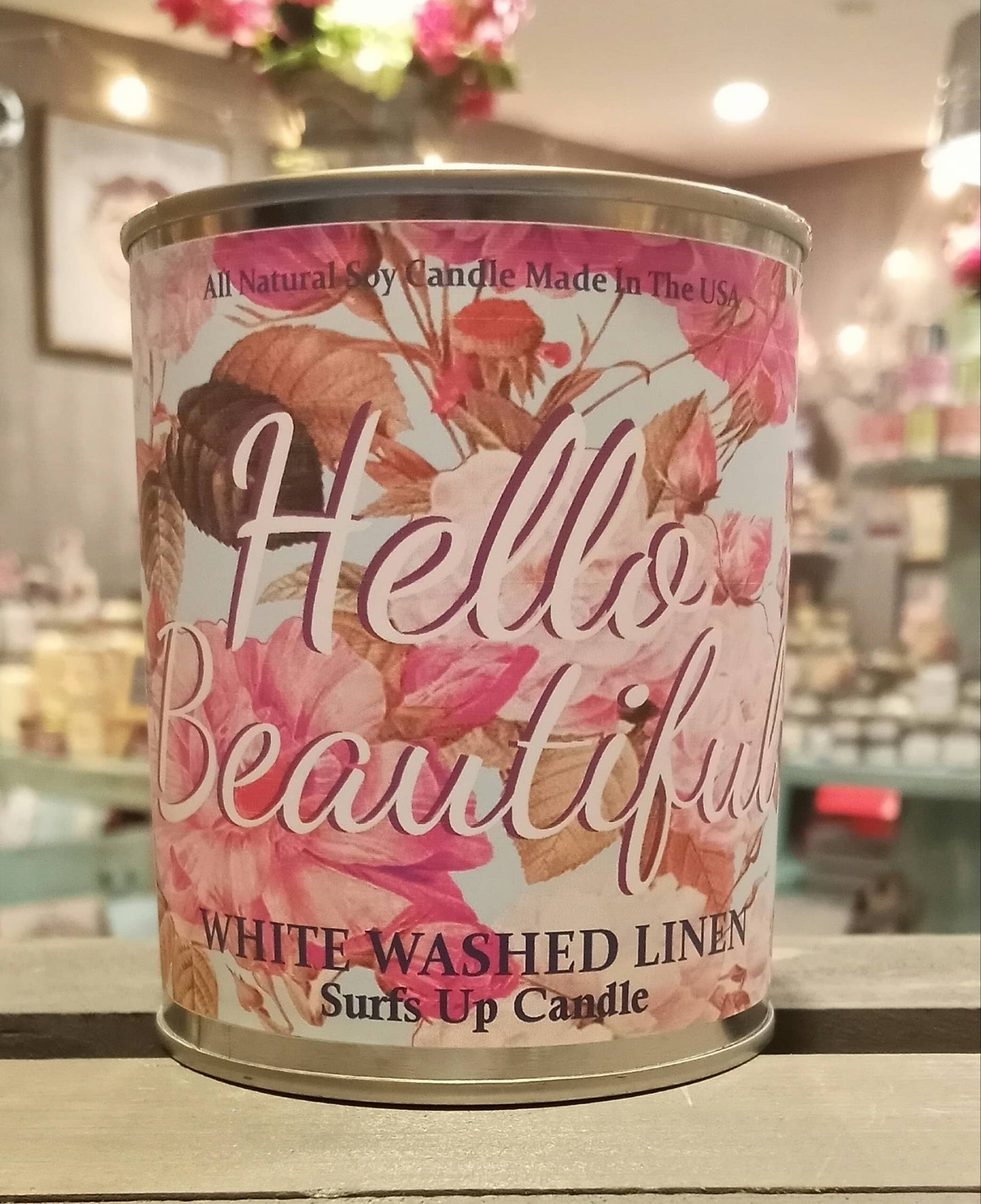 Hello Beautiful White Washen Linen Paint Can Candle