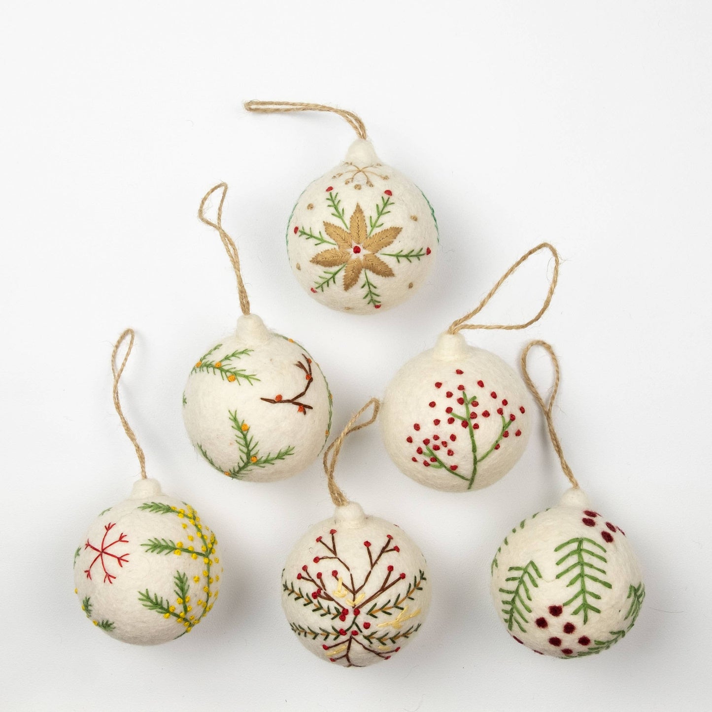 Hand Embroidered White Felt Ornaments Assorted