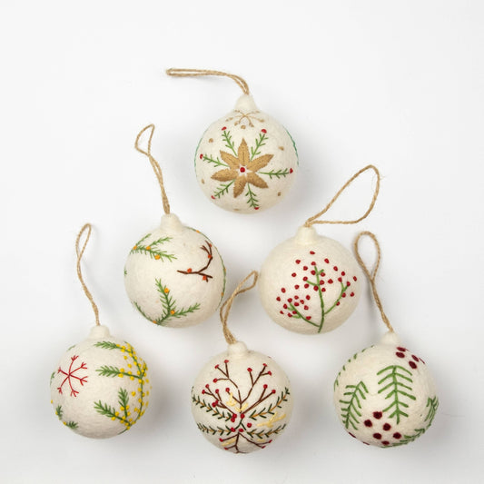 Hand Embroidered White Felt Ornaments Assorted