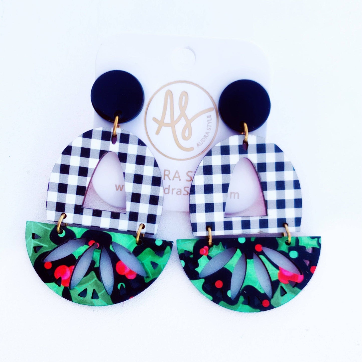 Christmas Earring - Dawson - Black and White Gingham Black Holly