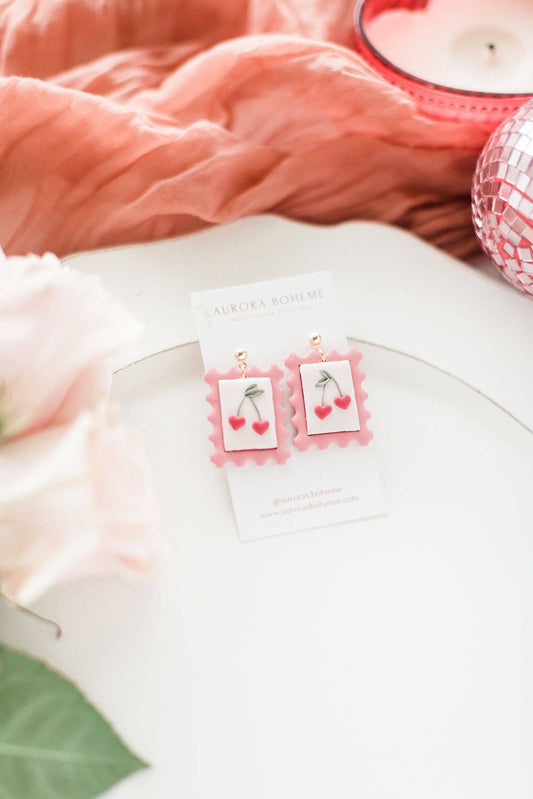 Cherry Heart Postage Stamp Dangles