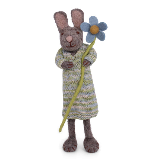 Felt Large Grey Bunny w/Dress & Blue Anemone