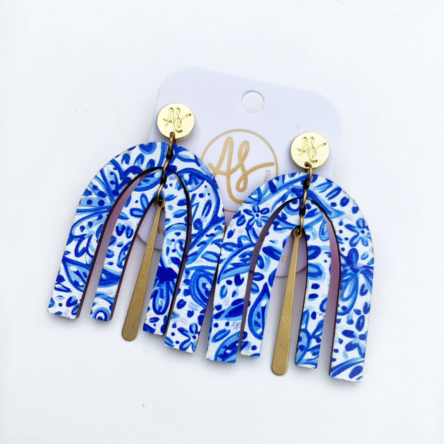 Large Colorful Geometric Statement Earrings Blue White Brass