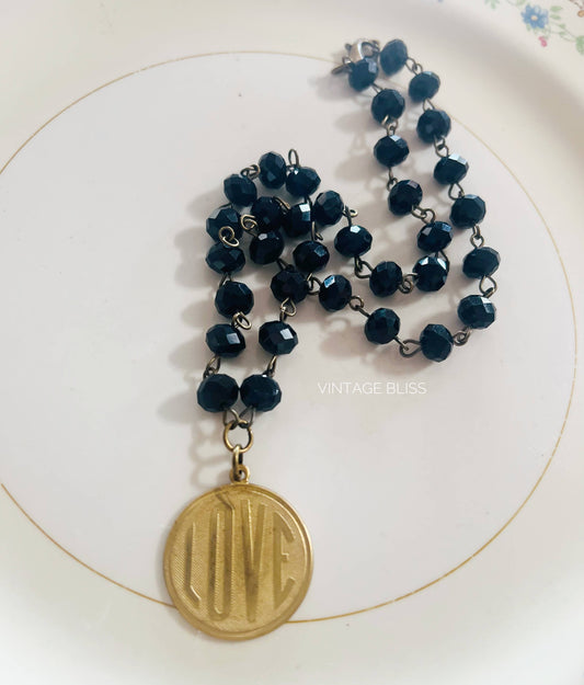 LOVE Token Black Beaded Chain Necklace 19"