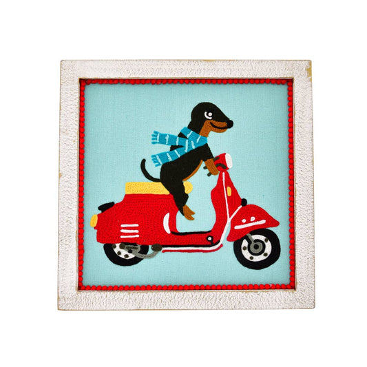 Hand Embroidered DACHSHUND DOG IN RED MOPED 12x12"