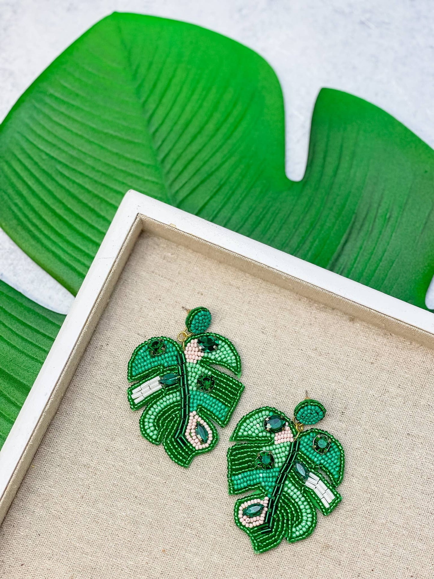 Seed Bead & Jewel Palm Leaf Dangle Earrings