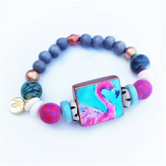 Pink Flamingo Mixed Media Artwork Bracelet