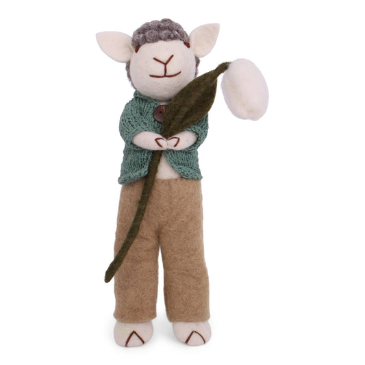Felt Large Grey Sheep w/Green Jacket & Snowdrop
