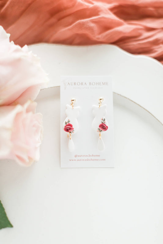 Valentines Floral Kitty Dangle Earrings