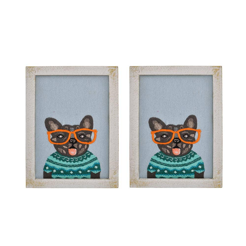 Hand Embroidered  DOG Frenchie BLUE CANVAS WALL ART 6x8"