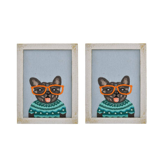 Hand Embroidered  DOG Frenchie BLUE CANVAS WALL ART 6x8"