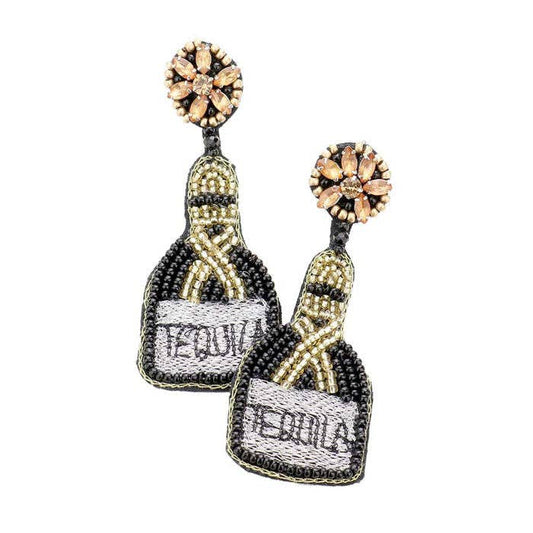 Felt Back Seed Beaded Tequila Message Detail Dangle Earrings