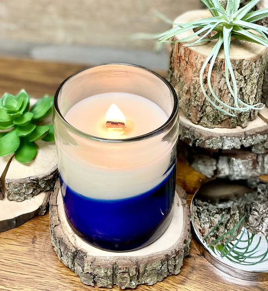 Fresh Linen | Hand Blown Cobalt Glass Candle Wood Wick